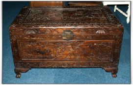 Oriental Camphor Chest, Heavily Engraved Floral Decoration Throughout, Panelled Top And Sides,