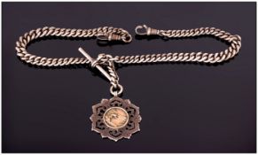 Antique Silver Double Albert Chain. T-Bar, Fasteners And Medal Fob Marked To Each Link.