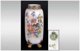 Royal Worcester Hand Painted and Signed 4 Footed and Reticulated Rim Vase ' Floral ' Stillife.