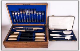 Boxed Set of 3 Plated Salad Spoons and Forks, and a Part Plated Set of Table Cutlery In