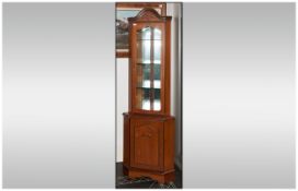 Modern Walnut Effect Corner Unit Glazed Front Mirrored Back With Four Shelves, Storage Base.