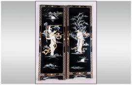 Japanese - Vintage Pair of Black Lacquer Wood Wall Panels with Mother of Pearl and Abalone Applied