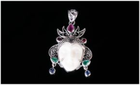 Hand Made Balinese Gem Set 'Serene Goddess' Pendant, the elaborate silver headdress set with a