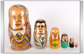 Set Of Six Russian Babushka Dolls The Largest In The Form Of Yeltsin. circa 1990's