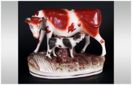 Staffordshire Figure Group ' Cow and Calf ' c.1860's. 7 Inches High, 9 Inches Wide.