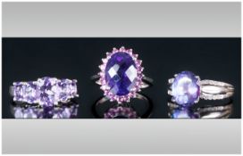 A Trio Of Good Quality Silver Set Amethyst Ladies Dress Rings, the faceted Amethysts of good