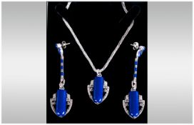 Art Nouveau Silver and Lapis Luzuli Necklace and Matching Pair of Earrings. Marked Silver. Excellent