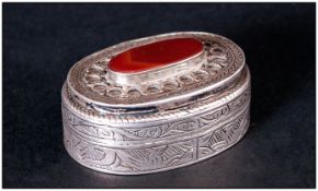 Antique - Handmade Middle Eastern Oval Shaped Silver and Cornelian Set Lidded Pill Box. 1.75