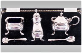 A Silver Five Piece Cruet Set In Original Case/Box, Hallmark Birmingham 1960, Complete with blue