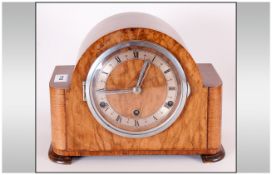 Westminster Chimes Walnut 1930's Mantle Clock, with a Silvered Chapter Ring and Shaped Top Case