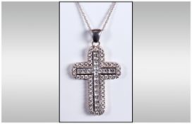 A Ladies Silver Set CZ Cross fitted to a long silver chain. Both fully hallmarked. Cross 2.5 in