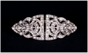 A 1930's Ladies White Metal and Paste Set Double Clip Brooch. In The Art Deco Style. 2.25 Inches