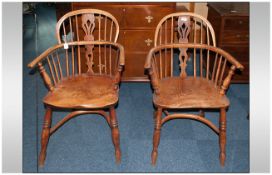 Matched Pair of Yorkshire Dales Antique Windsor Chairs with beech seats and ash arms and spindles,