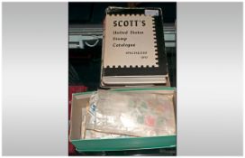 Shoe Box Full Of USA Stamps Off Paper with specialised Scott & Airmail catalogue & album.