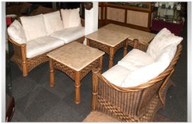 Wicker 5 Piece Conservatory Suite Two Settees With White Upholstered Cushions, Two Seater 60'' in