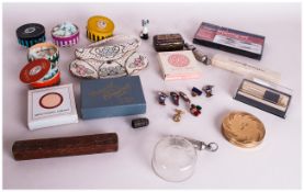 Assorted Collectables including Avon Fashion Compact, Old tins, pen nibs, musical compact,