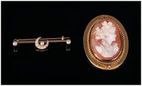 9ct Gold Framed Cameo Brooch Together With A Barbrooch Set With Seed Pearls