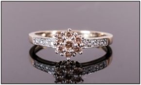 Ladies 9ct Gold Diamond Cluster Ring, With diamond shoulders, Marked 375.