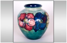 Moorcroft Ovoid Shaped Vase ' Anemone ' Pattern on Bluey / Green Ground. 4 Inches High. Excellent