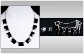 A Vintage and Elegant Silver and Black Agate Necklace / Choker. With Matching Bracelet and Pair of