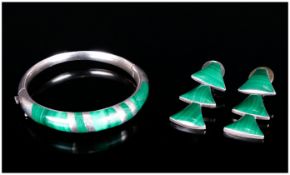 French 1950's Silver and Green Malachite Set Hinged Bangle with Matching Pair of Drop Earrings.