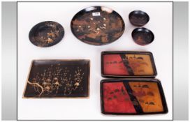 Seven Pieces of Lacquer Ware, Consisting of Three Japanese Oblong Shaped Trays, Two Small Rice Bowls