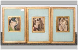 Set Of Three Decorative Prints In Gilt Frames After Marie Laurencin, French Artist. Overall size