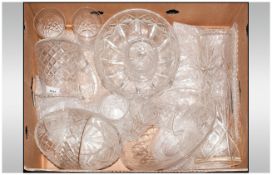 12 Pieces of Misc Cut Glass Items - Basket with Handle, 3 Fruit Bowls, 5 Tumblers, Pickle Jar, Water