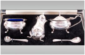 Boxed Silver Plated Three Piece Condiment Set, Comprising mustard, salt & pepperette with spoons.