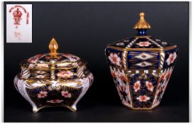 Royal Crown Derby Imari Lidded and Shaped Trinket Jars. ( 2 ) In Total. Dates 1918 & 1913. Heights 3