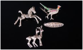 Edwardian Silver Figural Stone Set Dress Brooches, All marked silver. Horse, Stags & Peacocks. All