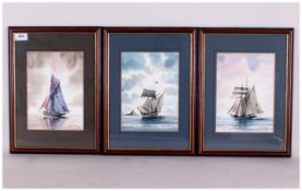 Tony Warren Marine Artist Set Of Three Framed & Mounted Behind Glass Signed Watercolours, Titled '