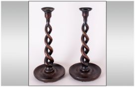 Victorian - Period Pair of Barley Twist Oak Candlesticks. Each Standing 12.25 Inches High.