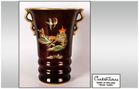 Carlton Ware Two Handle Vase ' Milkado ' Pattern on Rouge Royale Ground. c.1930's. Excellent