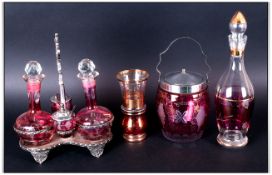 A Good Collection of Vintage Cranberry Glass Items. Including A Silver Plate and Cranberry Biscuit