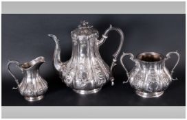Silver Plated Three Piece Service comprising coffee pot, milk jug and sugar bowl.