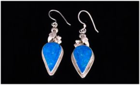 A Vintage Pair Of Silver Set Lapis Lazuli Drop Earrings.