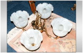 Victorian Brass Four Branch Ceiling Light. Moulded Acanthus Decoration With Pearl Glass Shades.