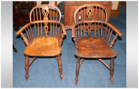 Matched Pair of Yorkshire Dales Antique Windsor Chairs with beech seats and ash arms and spindles,