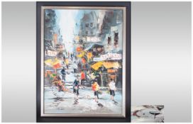 Modern Abstract Oil Painting of Hong Kong, Figures Shopping On a Stepped Street In Victoria.