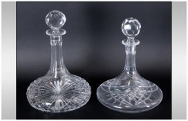 Two Good Quality Cut Glass Ship Decanters with Star Bases. Stands 10.5 & 11.5 Inches. Excellent