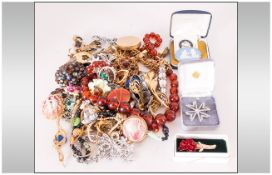 Collection Of Costume Jewellery Comprising Brooches, Albert Chain, Bracelets, Amber Coloured