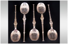 Tudor Style Ornate Fine Embossed Set Of Five Silver Spoons with engraved bowls and barley twist &