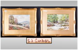 Sid. Gardener Pair of Watercolours In Gilt Frames. Titled ' Finlay Trossachs Scotland ' River