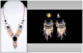 Ladies Roaring 1920's Impressive White Metal and Stone Set Necklace with Matching Pair of Earrings.