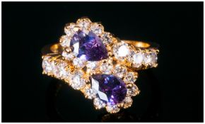Ladies 14ct Gold Set Amethyst and Diamond Cluster Ring. The Two Heart Shaped Amethysts of