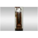 1930's Art Deco Longcase Clock, silvered dial with Arabic numerals, glazed front, triple chrome