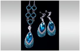 Turquoise Crystal Pear Drop Pendant Necklace and Earrings, the pendant and earrings each having a
