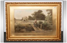 Coloured Print In Gilt Gesso Frame, Glazed depicting an Idyllic country scene harvesting with