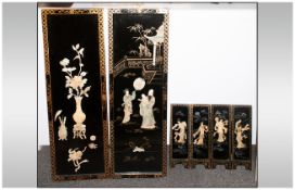 Pair of Chinese Bone and Mother of Pearl Lacquered Wall Plaques Depicting a Traditional Chinese